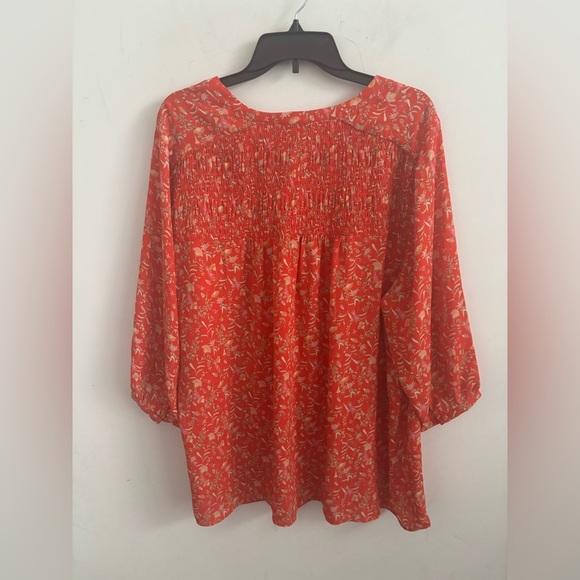 Rose+Olive Blouse Women’s Bright Orange Floral Boho  Peasant Top 3/4 Sleeve - Picture 2 of 4